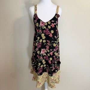 Vintage Zoe California Black Yellow & Pink Floral Knee Length Dress Sz M